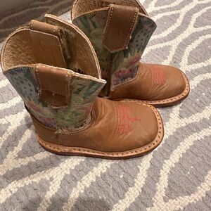 Roper Brown Leather Kids Floral Shaft Pull-On Boots